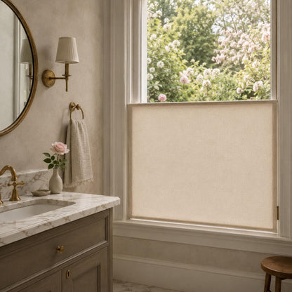 Cafe curtain on the lower half of a bathroom window beside a round mirror and marble vanity, with spring blossoms outside