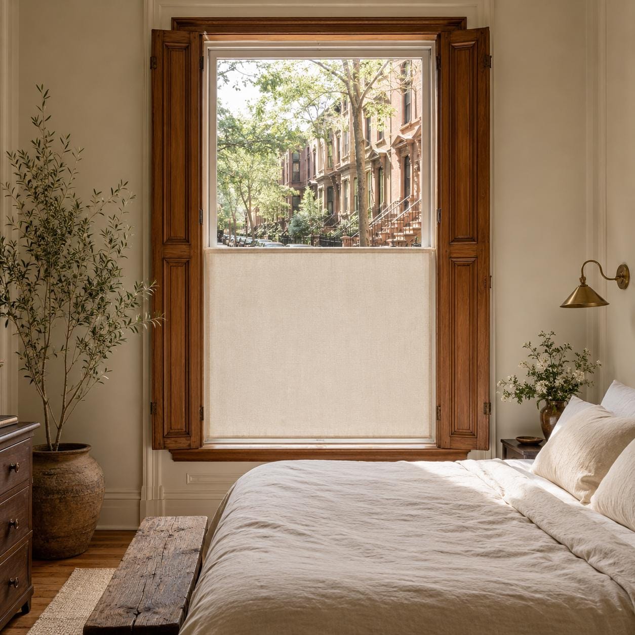 Bedroom with linen bedding and a wood-framed window, sheer cafe curtain covering the lower half with brownstones outside