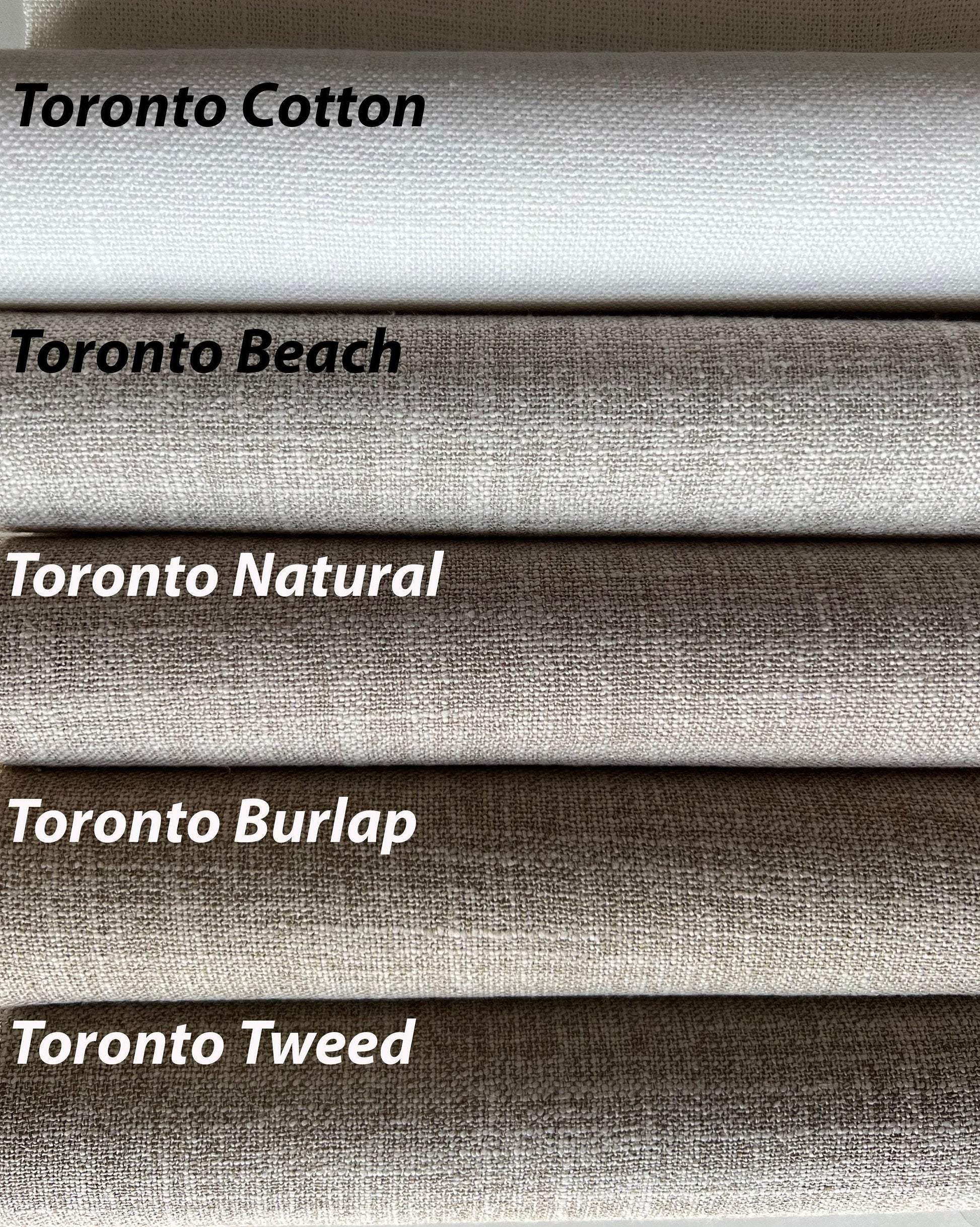 Toronto collection textured fabric samples for custom Roman shades and curtains: Cotton, Beach, Natural, Burlap and Tweed woven swatches from light cream to brown.