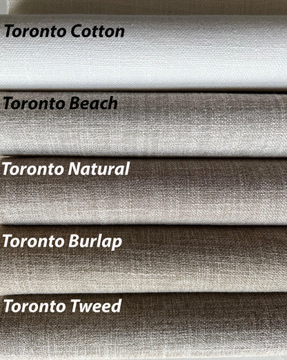 Toronto collection textured fabric samples for custom Roman shades and curtains: Cotton, Beach, Natural, Burlap and Tweed woven swatches from light cream to brown.