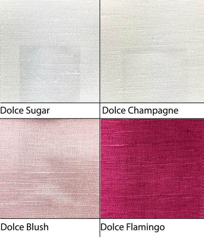 Dolce woven fabric samples for custom Roman shades and curtains: Sugar, Champagne, Blush and Flamingo colourways from soft white to vivid pink.