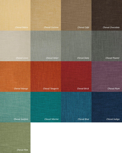 Cheval faux linen colour chart for custom Roman shades and curtains: 17 shades including Maire, Cashew, Cafe, Chocolate, Linen, Silver, Slate, Pewter, Mango, Tangerin, Brick, Plum, Seafom, Marine, Blue, Indigo and Pine.