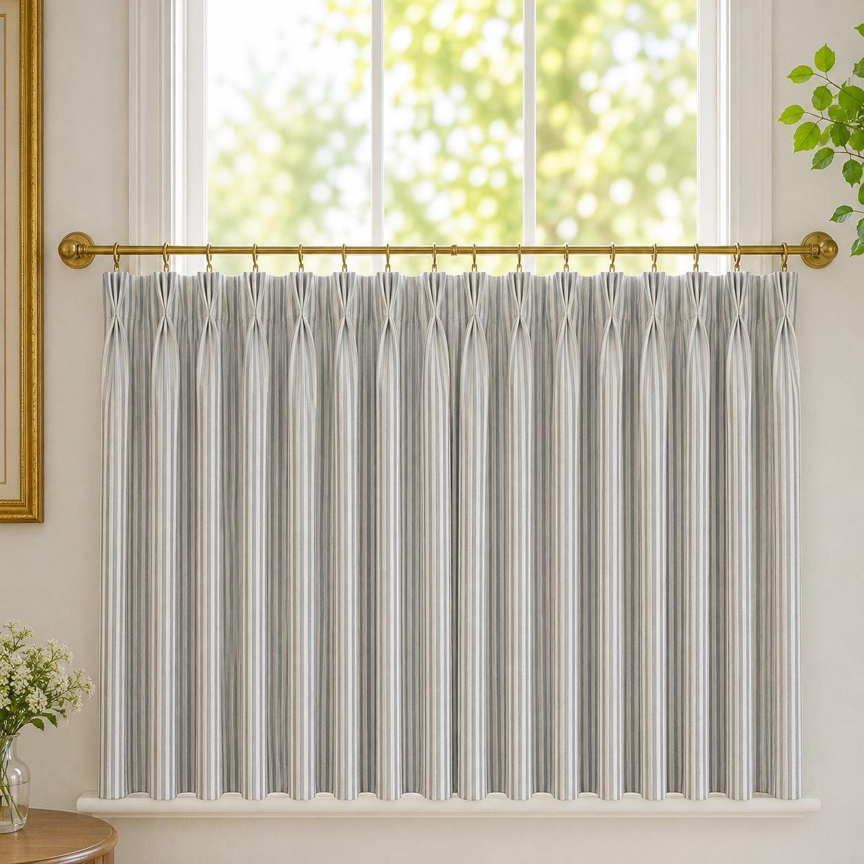 Close up of grey ticking stripe pinch pleats on a brass cafe rod with a garden view behind.