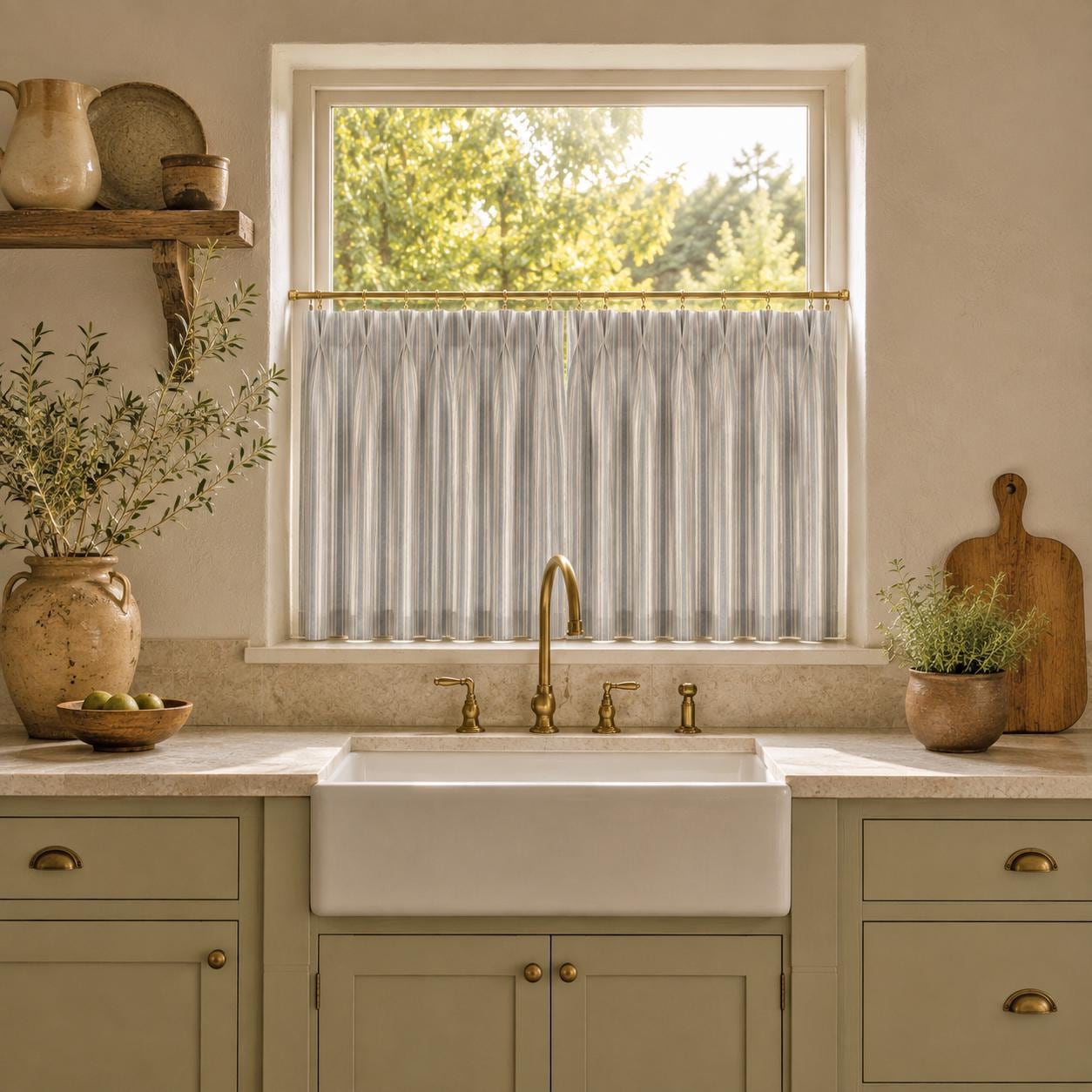 Striped cotton cafe curtain over a farmhouse apron sink in a sage green kitchen with brass tap.