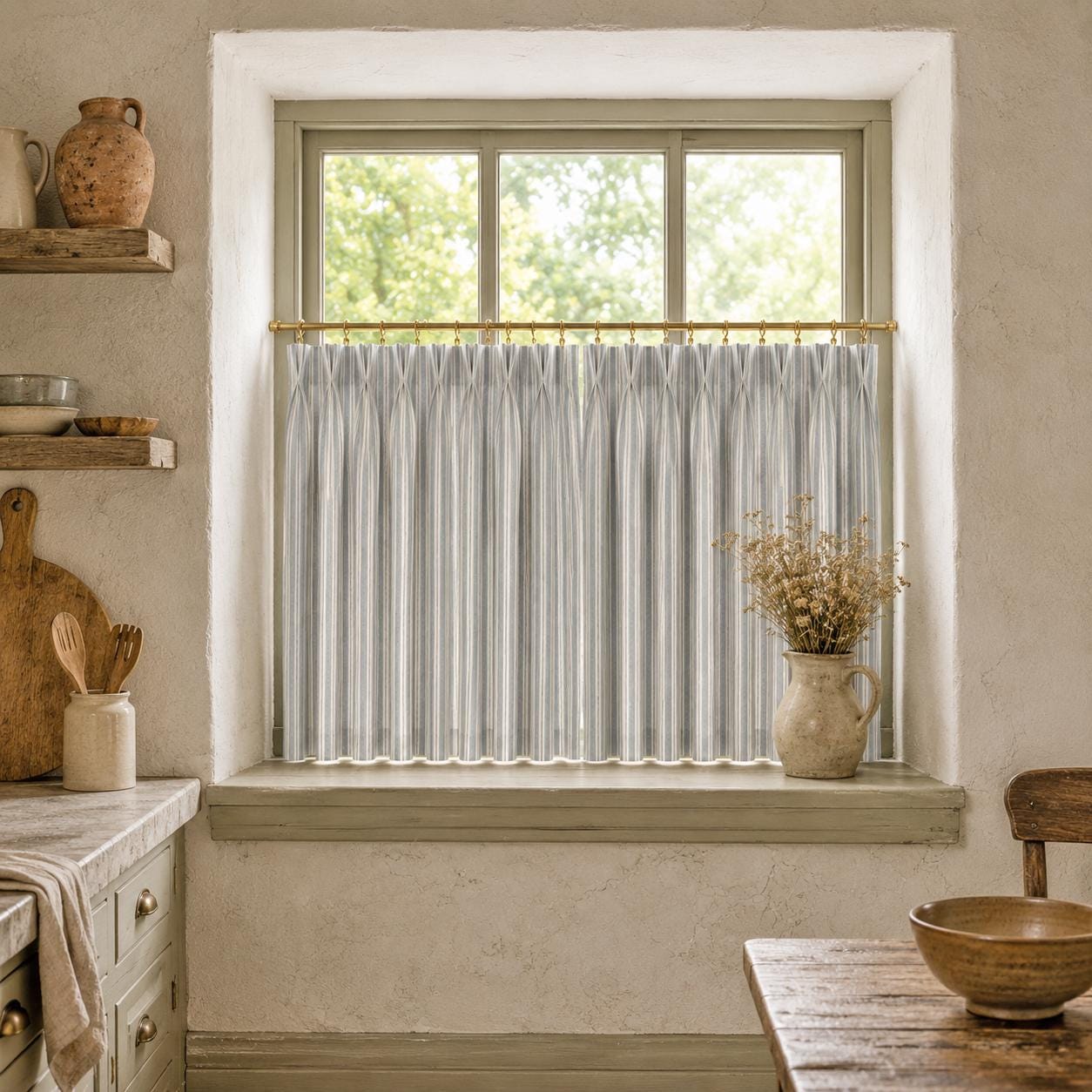 Ticking stripe kitchen tier curtain on a brass rod in a warm plaster kitchen with pottery shelf.