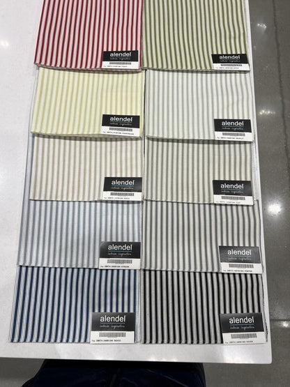 Alendel Smith ticking stripe cotton fabric swatches in red, green, grey and cream colourways.