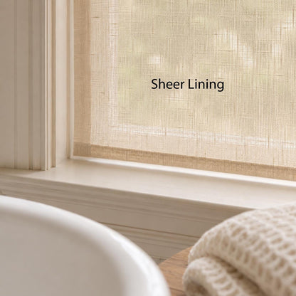 Close view of the optional sheer lining on a cafe curtain beside a bathtub, labeled Sheer Lining, adding softness and daytime privacy