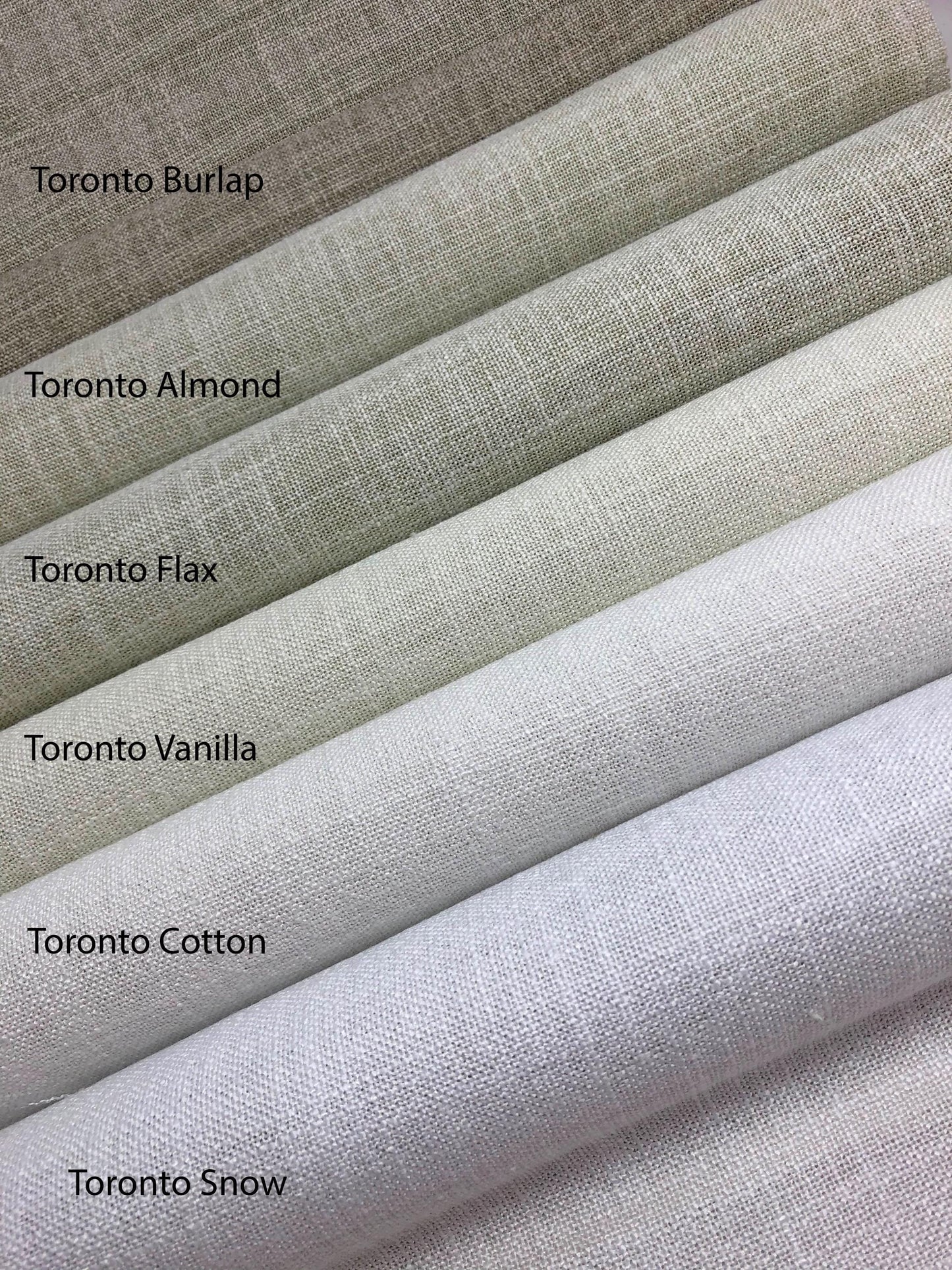Toronto faux linen colour chart: Burlap, Almond, Flax, Vanilla, Cotton and Snow swatches