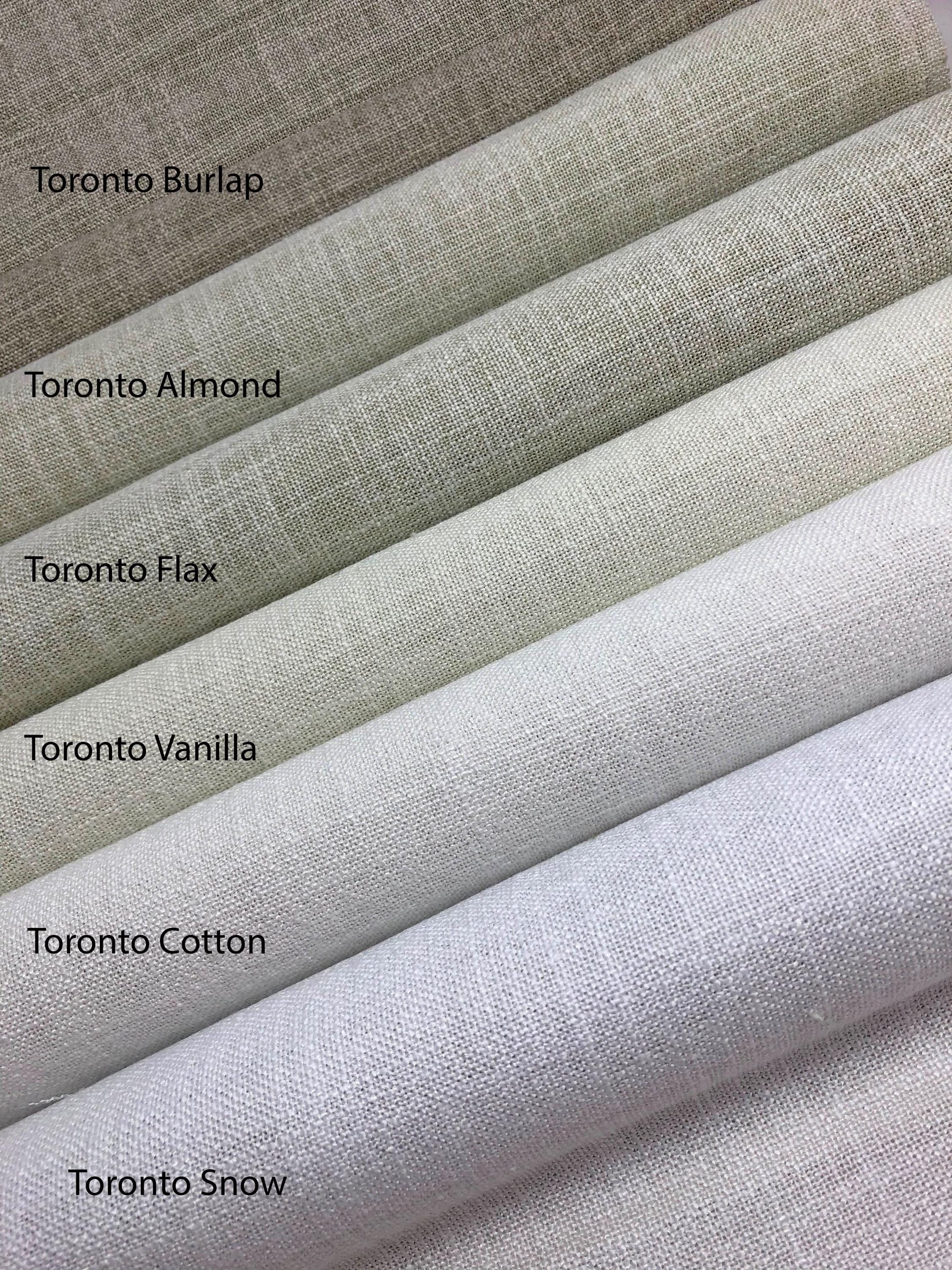Toronto faux linen colour chart: Burlap, Almond, Flax, Vanilla, Cotton and Snow swatches