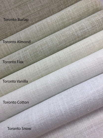 Toronto faux linen colour chart: Burlap, Almond, Flax, Vanilla, Cotton and Snow swatches