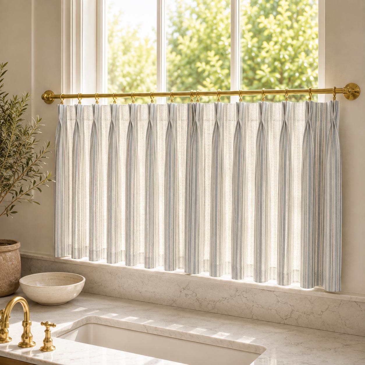 Ivory ticking stripe cafe curtain with pinch pleats hung on a brass rod above a marble sill.