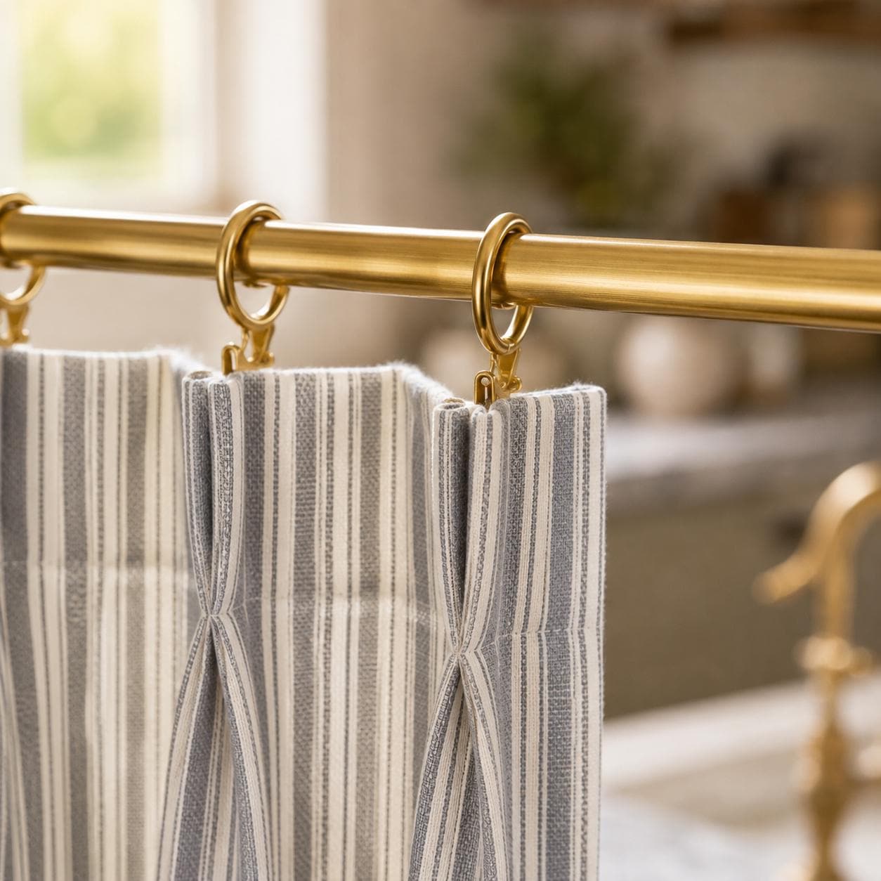 Detail of brass curtain rings on a cafe rod holding a grey ticking stripe cotton panel.