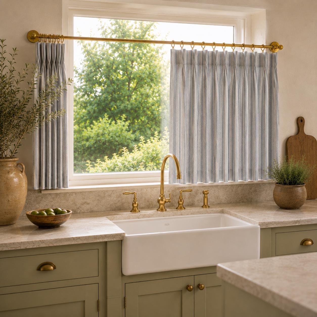 Ticking stripe cafe curtain over a kitchen sink with brass tap, marble counter and wood board.