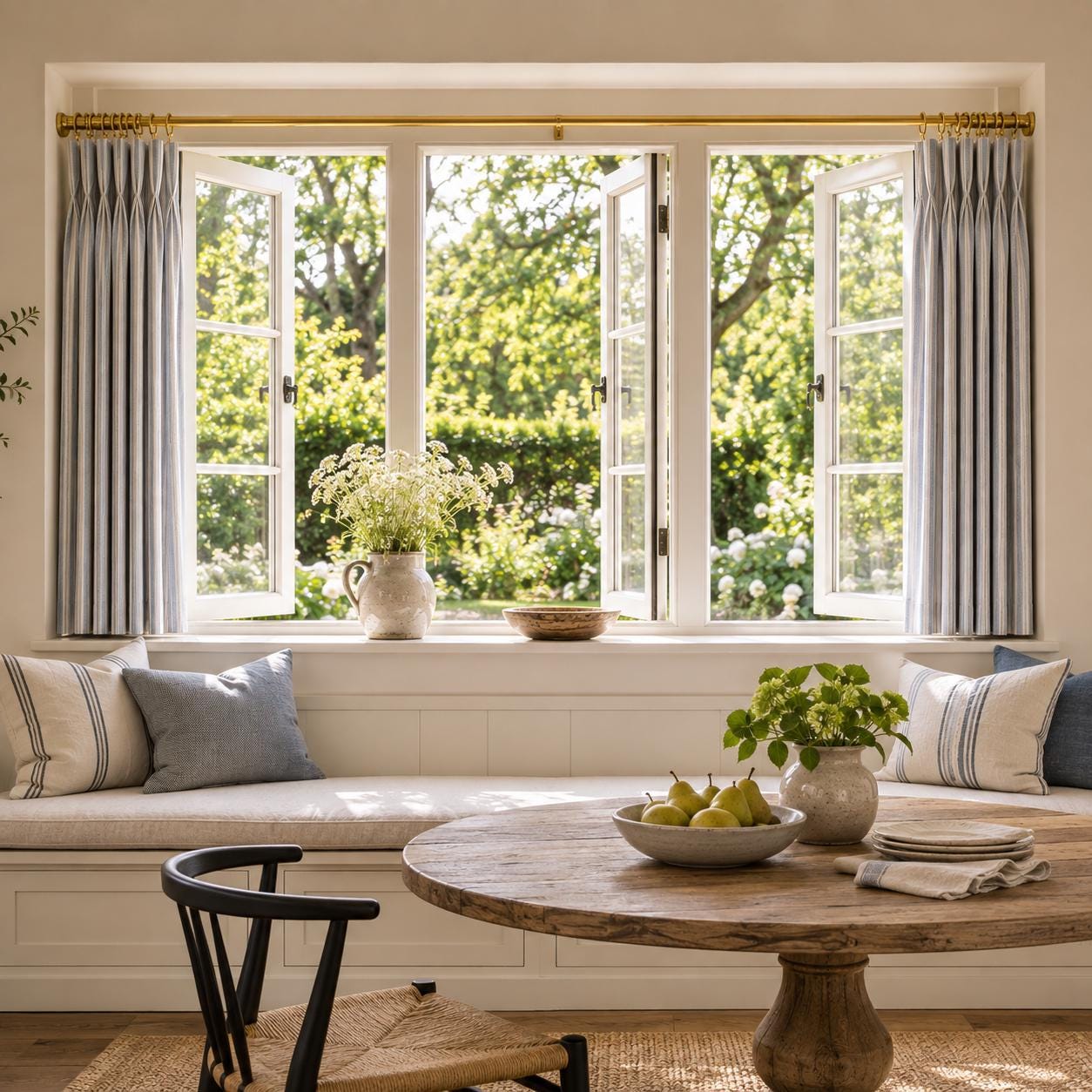 Wide bay window dressed with grey ticking stripe cafe curtains above a bench and round table.
