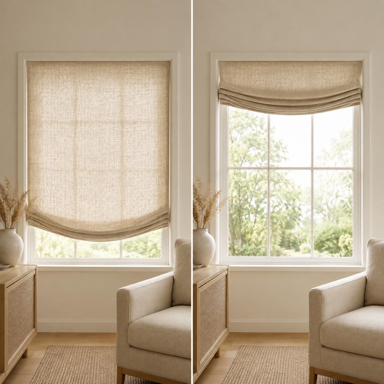Same window shown twice: linen relaxed Roman shade fully lowered and raised with a soft fold