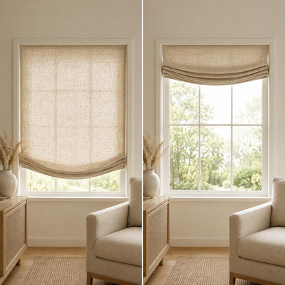 Same window shown twice: linen relaxed Roman shade fully lowered and raised with a soft fold