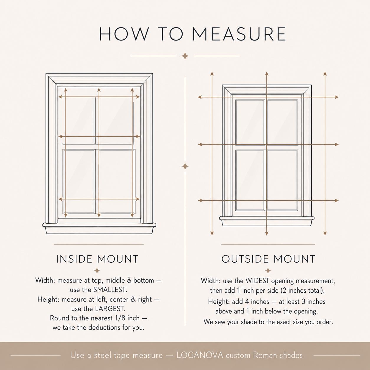 How to measure a window for inside or outside mount Roman shades, rounded to the nearest 1/8 inch