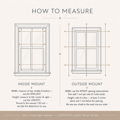 How to measure a window for inside or outside mount Roman shades, rounded to the nearest 1/8 inch