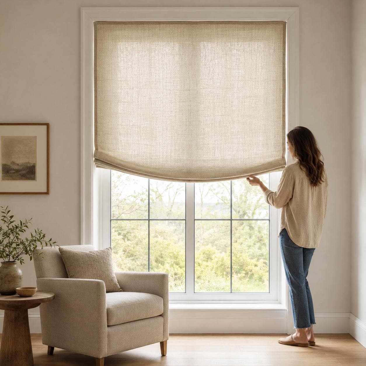 Woman lowering a natural linen European relaxed Roman shade in a bright neutral living room