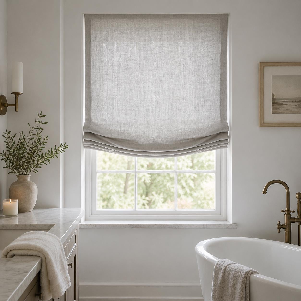 Grey linen European relaxed Roman shade in a bathroom with a freestanding tub