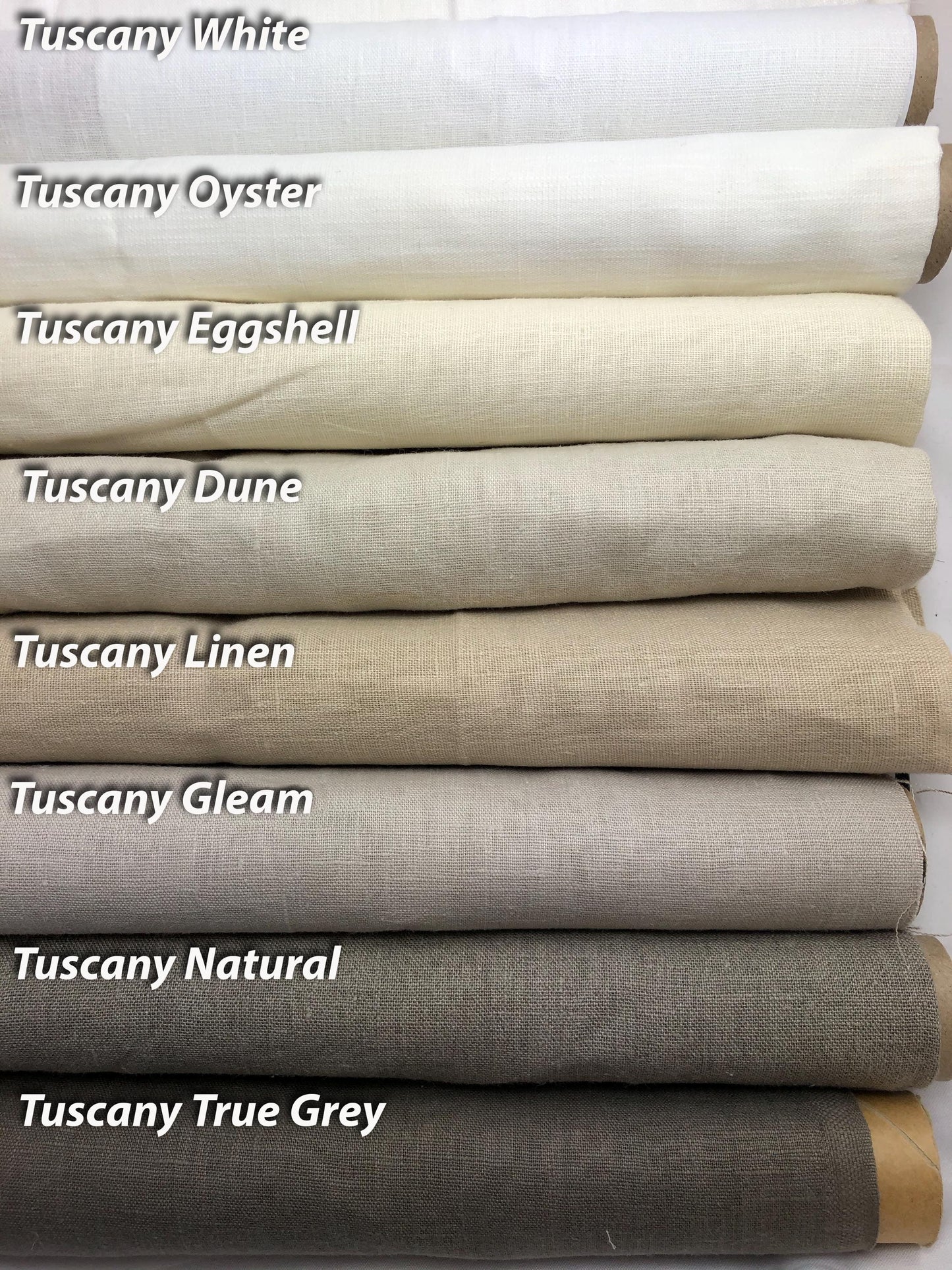 Tuscany linen colour chart 1 of 2: White, Oyster, Eggshell, Dune, Linen, Gleam, Natural, True Grey fabric rolls