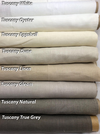 Tuscany linen colour chart 1 of 2: White, Oyster, Eggshell, Dune, Linen, Gleam, Natural, True Grey fabric rolls