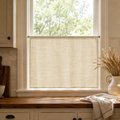 Faux linen cafe curtain in a warm farmhouse kitchen with wood counters