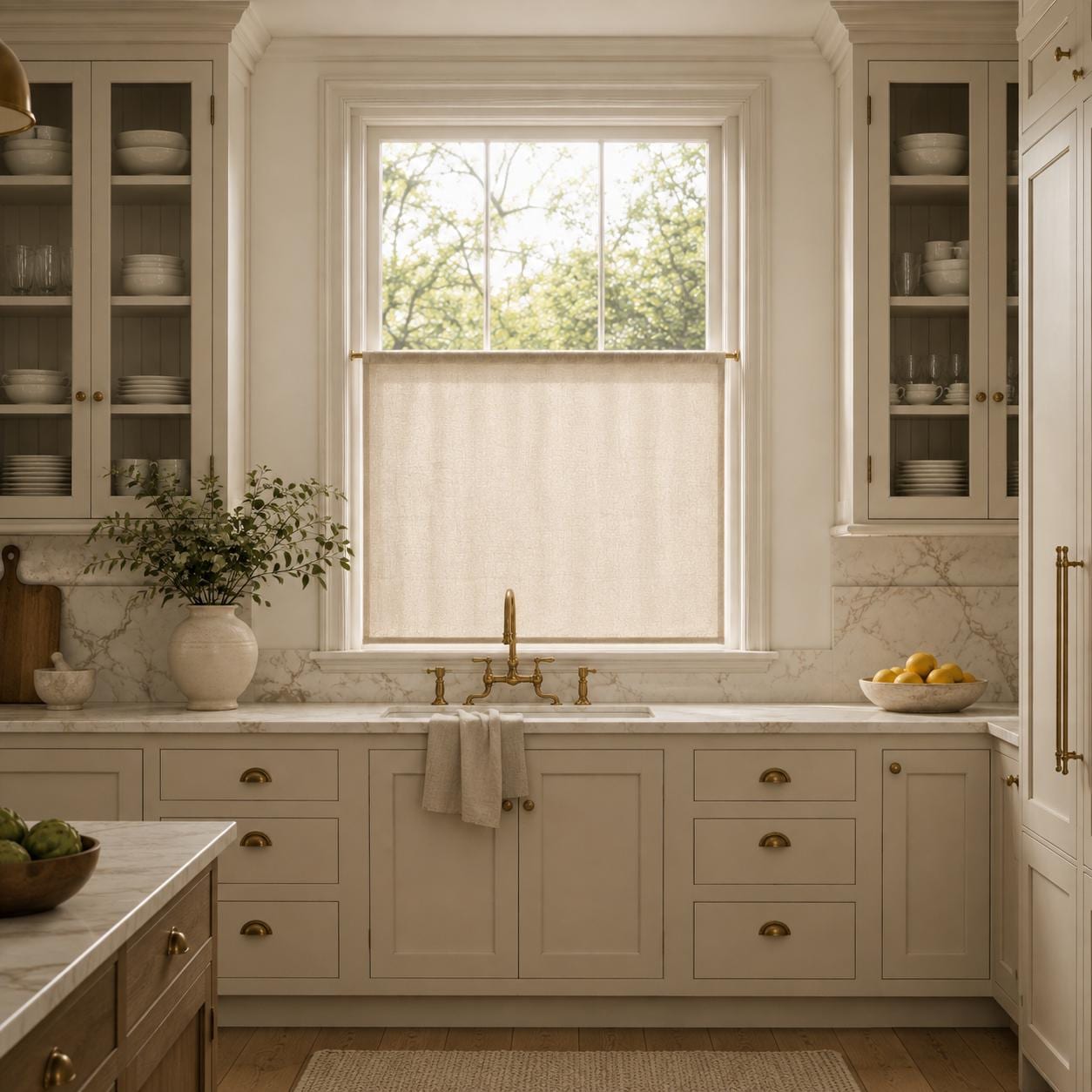 Soft daylight filtering through a faux linen cafe curtain while keeping the kitchen bright