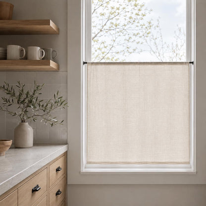 Single faux linen cafe curtain panel on a tension rod, no-drill install for renters