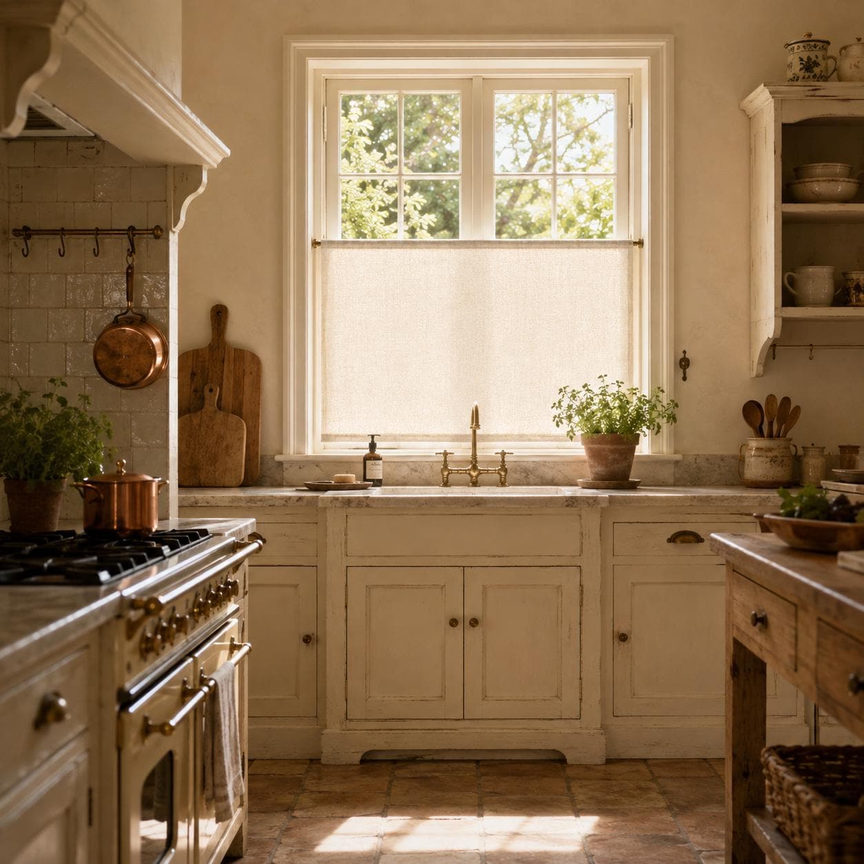 Vanilla faux linen cafe curtain softening the light in a cottage kitchen