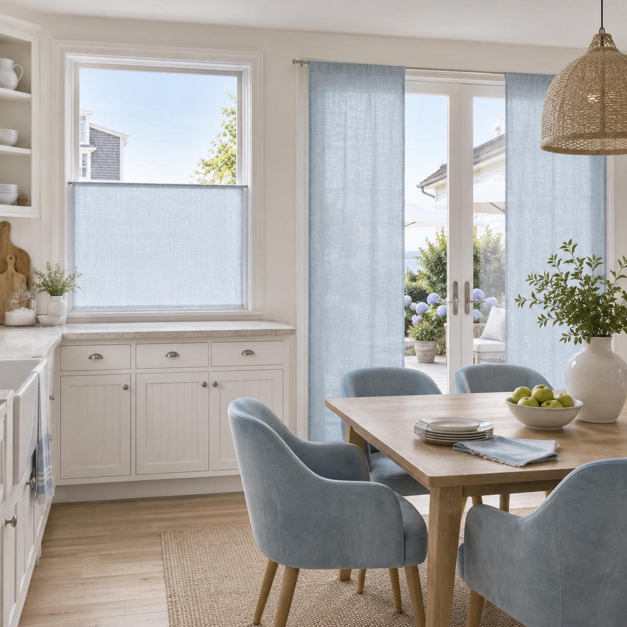 Sky faux linen cafe curtain and matching drapes in a breakfast nook with French doors