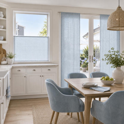 Sky faux linen cafe curtain and matching drapes in a breakfast nook with French doors
