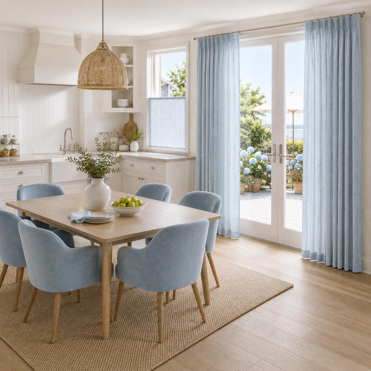 Pair of Sky blue faux linen curtains on French doors in a bright dining room