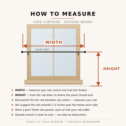 How to measure outside mount cafe curtains: rod width end to end and the drop