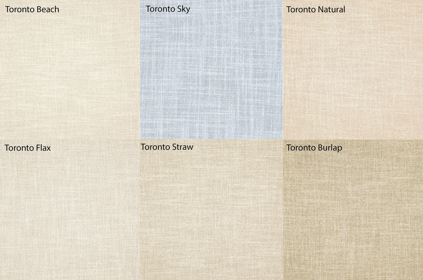 Toronto faux linen swatches: Beach, Sky, Natural, Flax, Straw and Burlap colour chart