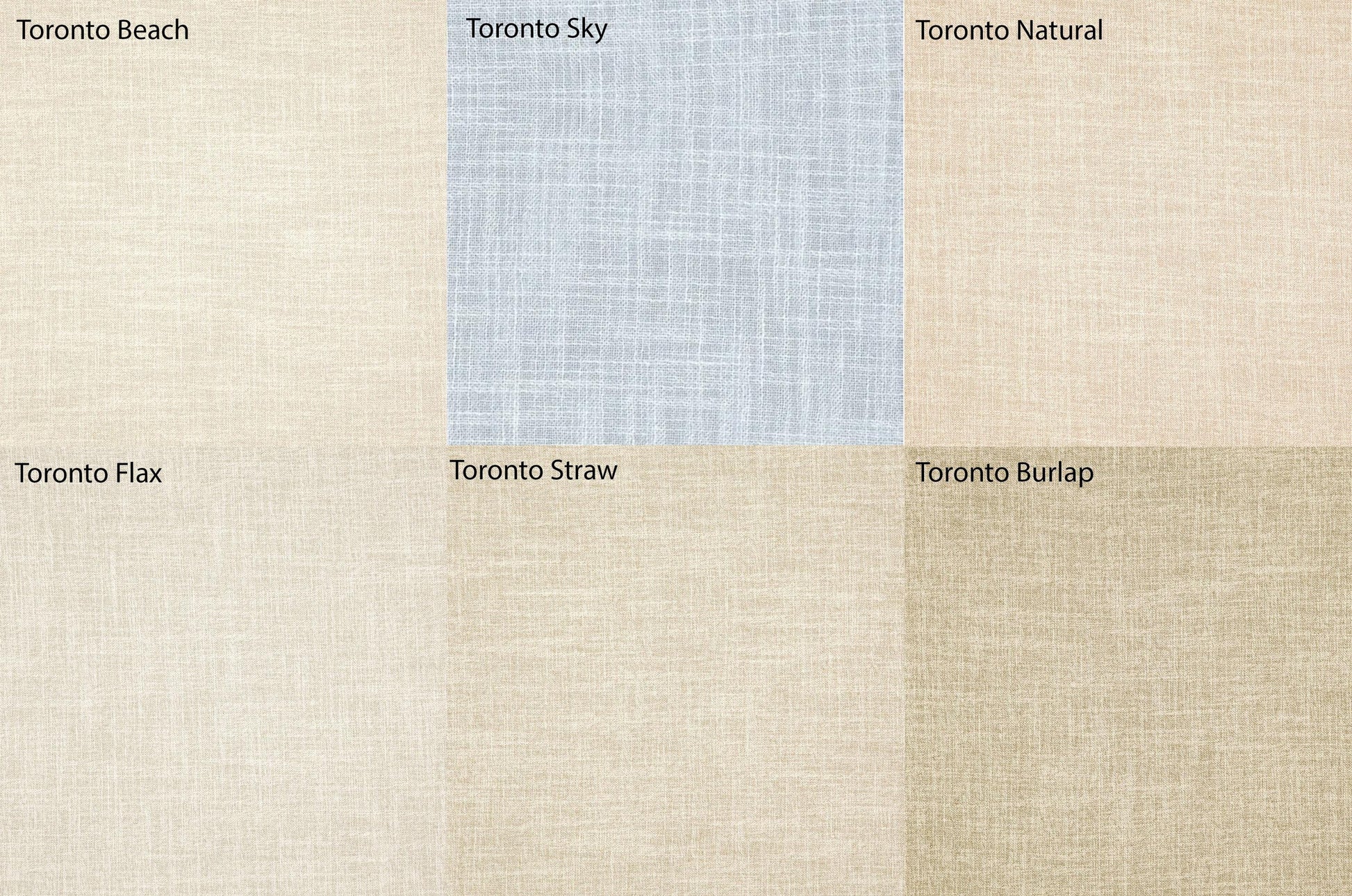 Toronto faux linen swatches: Beach, Sky, Natural, Flax, Straw and Burlap colour chart