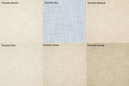 Toronto faux linen swatches: Beach, Sky, Natural, Flax, Straw and Burlap colour chart
