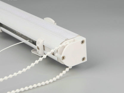 White aluminium headrail with bead chain control and mounting bracket of a custom Roman shade