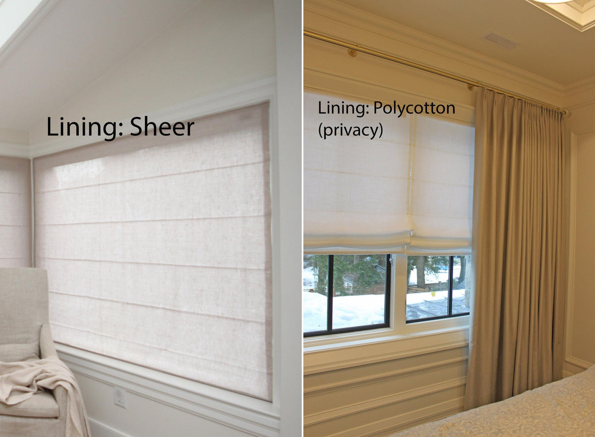 Sheer lining and polycotton privacy lining compared side by side on a linen Roman shade
