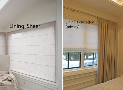 Sheer lining and polycotton privacy lining compared side by side on a linen Roman shade