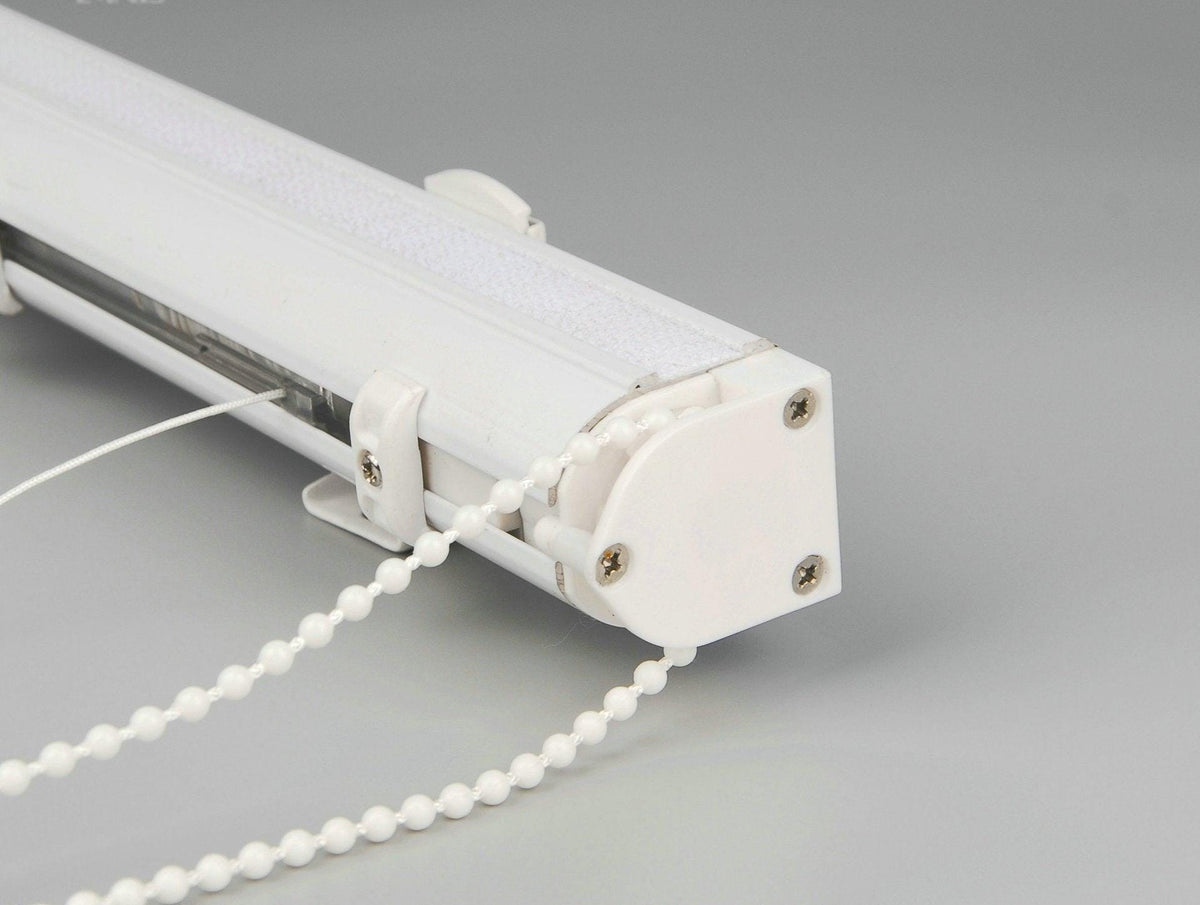 White aluminium headrail with bead chain mechanism supplied with every custom Roman shade
