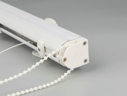 White aluminium headrail with bead chain mechanism supplied with every custom Roman shade
