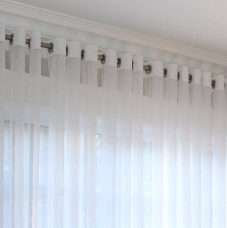 Grommet header detail, Empire sheers on a white rod — LOGANOVA
