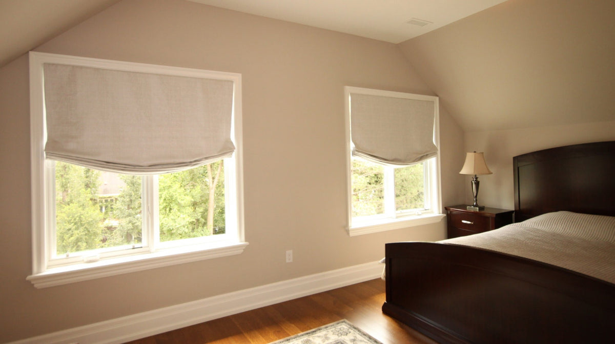European relaxed Roman shade mounted inside window frame