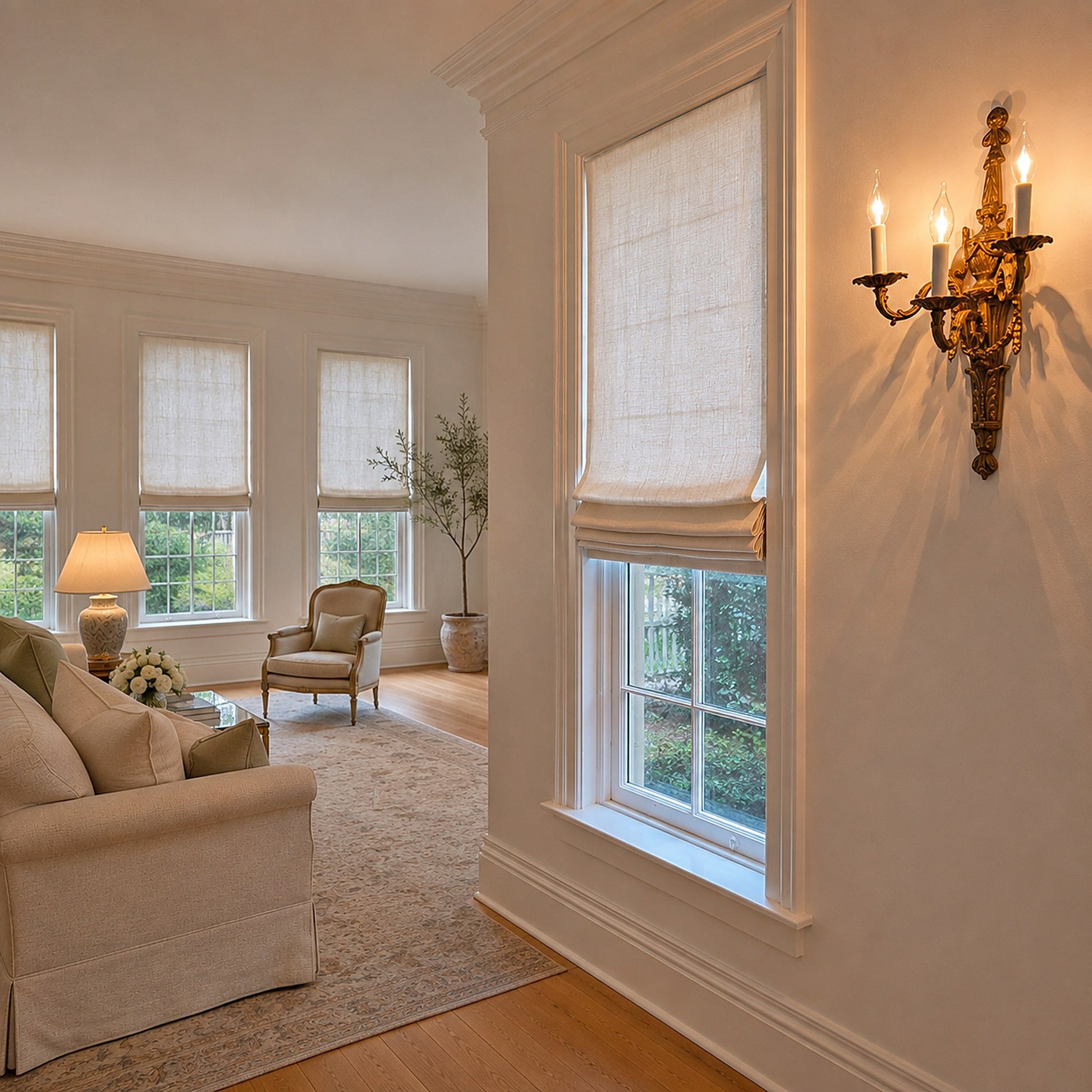 Irish linen relaxed Roman shade beside a brass wall sconce, angled living-room view