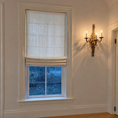 Custom Irish linen relaxed Roman shade fitted to a single window