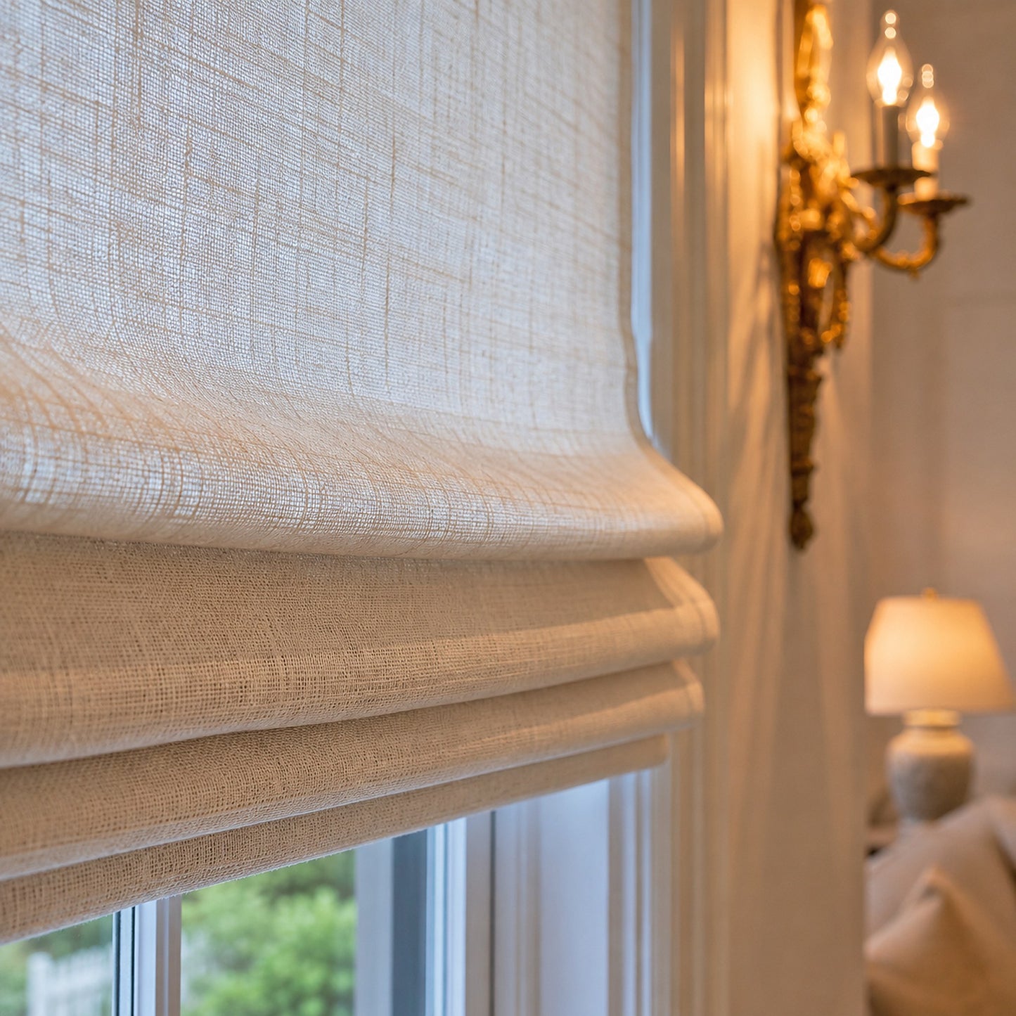 Relaxed fold and hem detail of a handmade Irish linen Roman shade