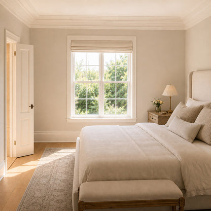 Irish linen relaxed Roman shade in a bedroom, daylight filtering through the linen