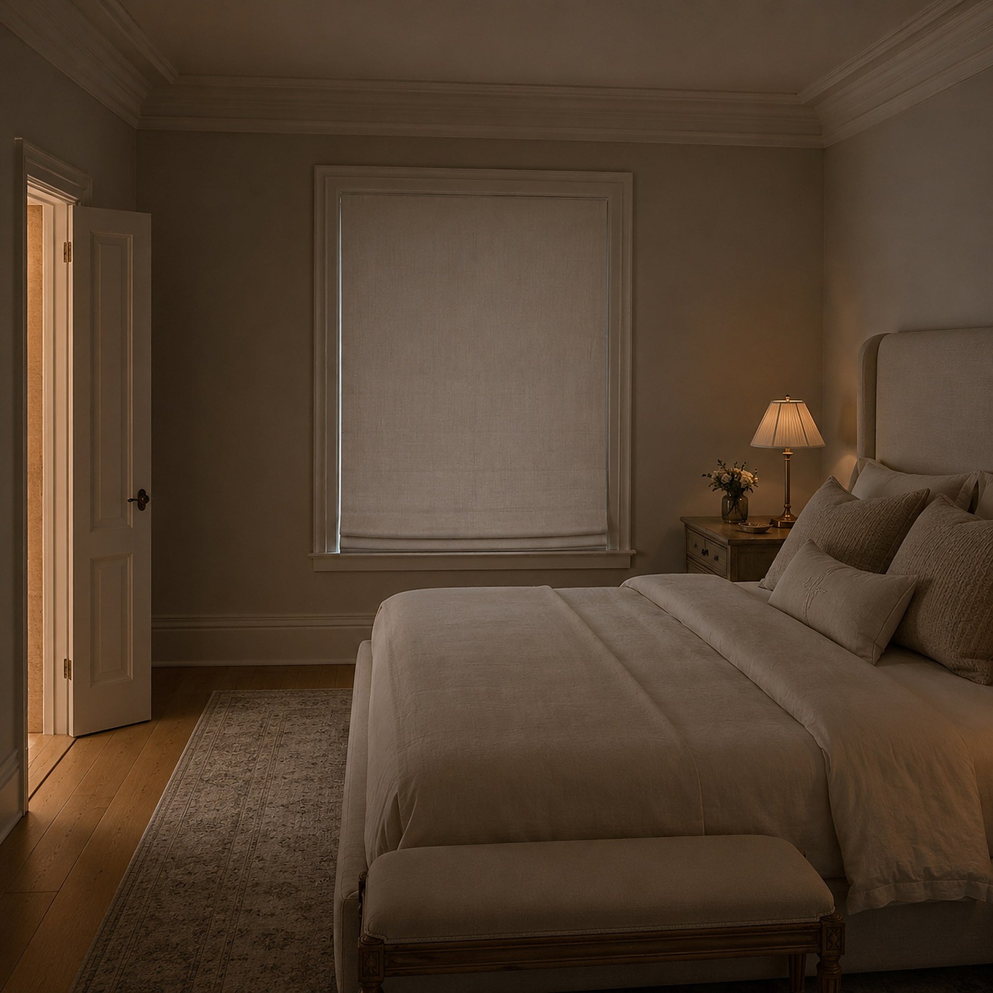 Irish linen relaxed Roman shade lowered in a bedroom at dusk for privacy