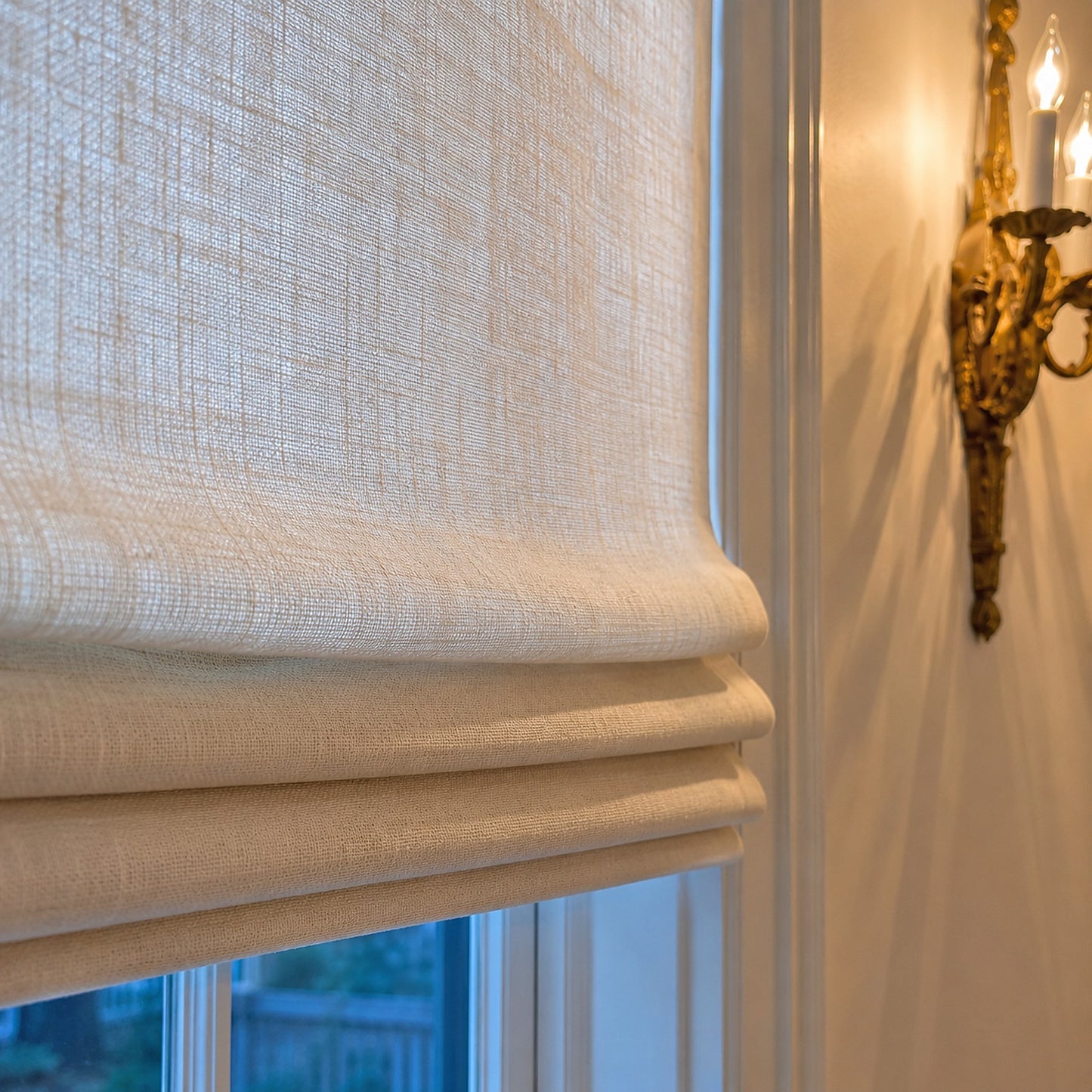 Close-up of the soft relaxed fold on a 100% Irish linen Roman shade